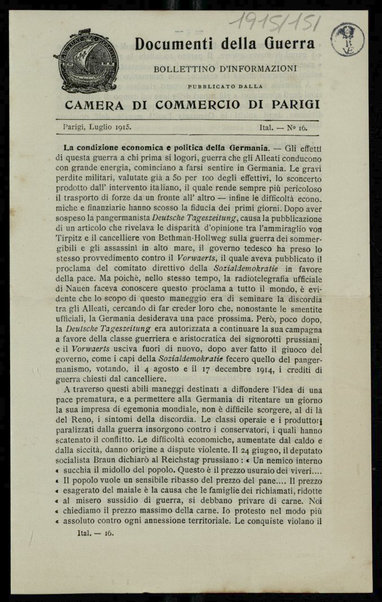 Documenti della guerra : bollettino d'informazioni pubblicato dalla Camera di commercio di Parigi